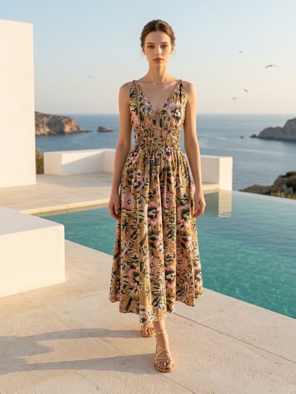 Caroline Constas Floral Midi Dress in Pink and Gold